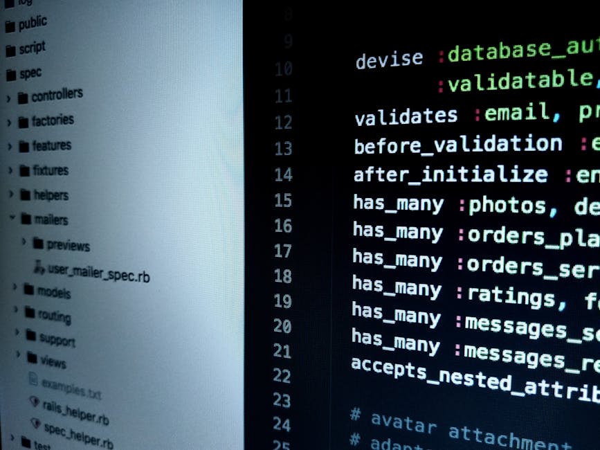 This image shows a computer screen displaying a coding editor with lines of programming code in various colors, including green, blue, purple, and white, on a dark background. To the left, part of a d